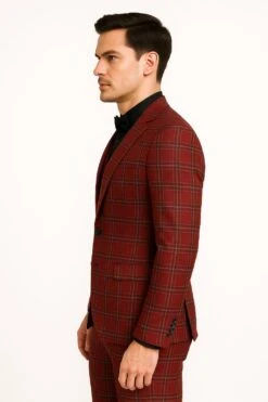 Mens Burgundy Plaid Three-Piece Suit – Ultra Slim Fit Checkered Windowpane Redish 544-10 -Alberto Nardoni Shop Burgundy Plaid Three Piece Suit