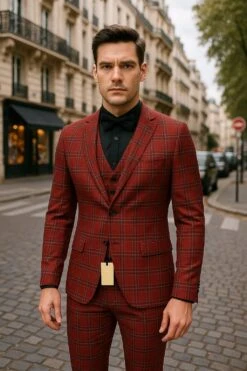 Mens Burgundy Plaid Three-Piece Suit – Ultra Slim Fit Checkered Windowpane Redish 544-10 -Alberto Nardoni Shop Burgundy Plaid Three Piece Suits