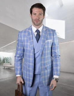 Mens Vested Classic Fit Double Breasted Vest Suit In Light Blue Plaid