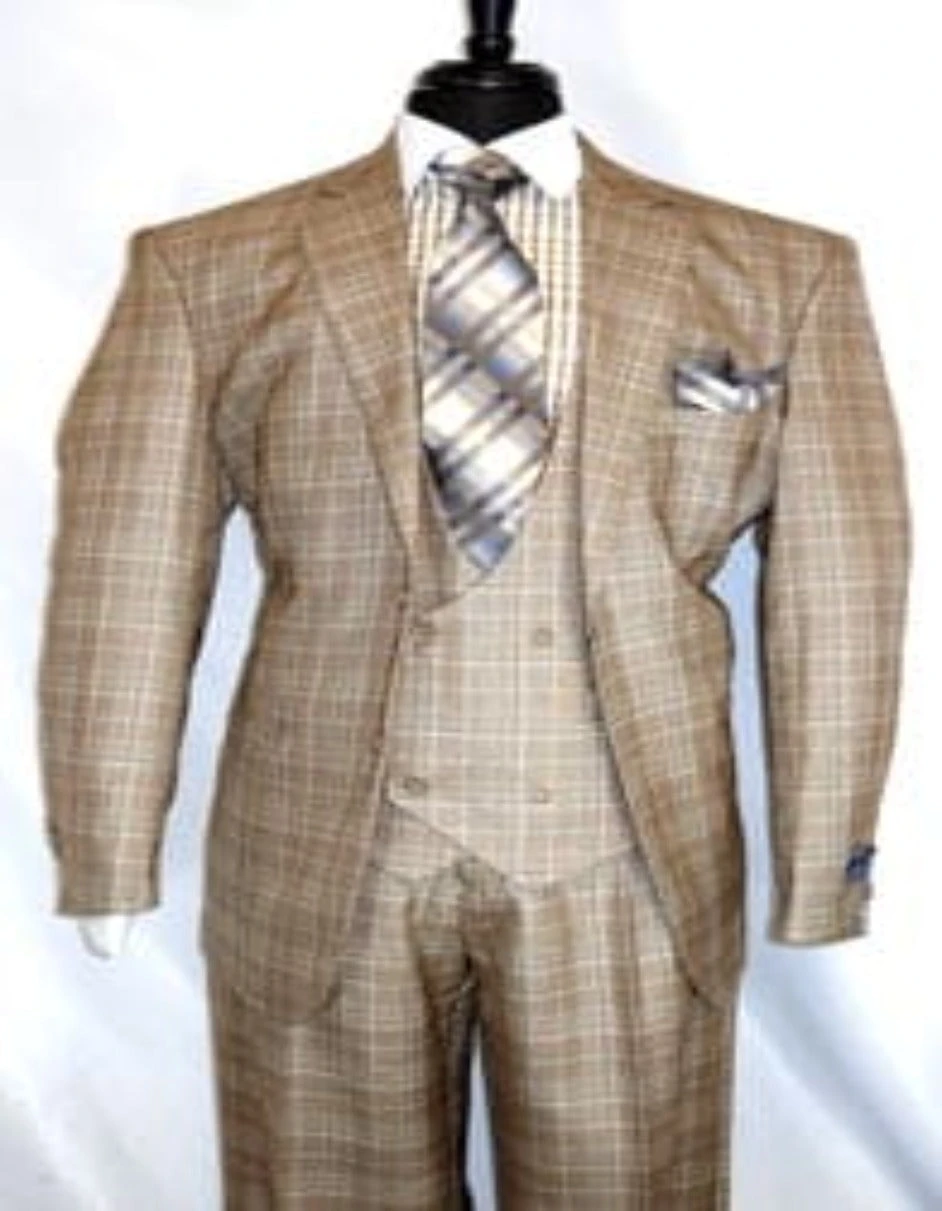 Plaid Suit For Summer - Khaki Color Suit - Camel Suit With Double Breasted Vest In Dark Tan Color 1 Plaid Suit For Summer - Khaki Color Suit - Camel Suit With Double Breasted Vest In Dark Tan Color