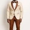 Mens Champagne Paisley Tuxedo With Brown Satin Lapel And Pants – Formal Wedding Suit With Chain Brooch
