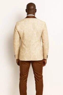 Mens Champagne Paisley Tuxedo With Brown Satin Lapel And Pants – Formal Wedding Suit With Chain Brooch -Alberto Nardoni Shop Champagne Paisley Tuxedos with Brown