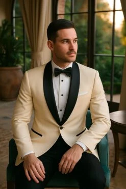 Mens Champagne Light Tan Tuxedo Jacket With Black Shawl Lapel – Classic One-Button Formal Dinner Jacket - Nude Color -Alberto Nardoni Shop Champaign Light Tan Tuxedos