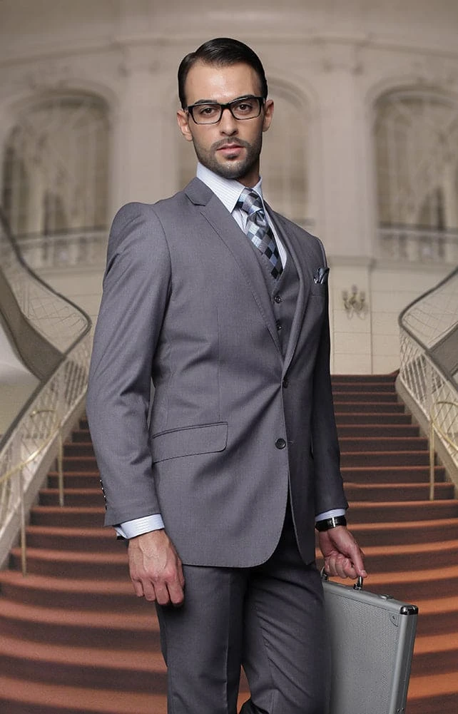 Mens Classic 3pc Two Button Solid Charcoal Extra Fine Italian Fabric Suit 1 Mens Classic 3pc Two Button Solid Charcoal Extra Fine Italian Fabric Suit