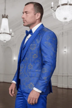 Men's Royal Blue Paisley Lace Print Tuxedo With Double Breasted Vest – Prom & Wedding Suit