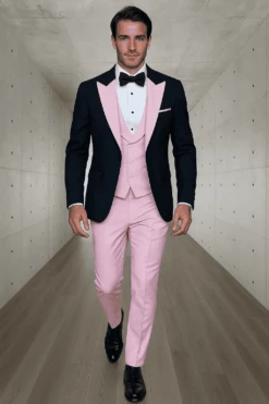 Men’s Black And Pink Wool Tuxedo – Designer Vested Tuxedo With Contrast Satin Peak Lapel For Wedding & Prom -Alberto Nardoni Shop ChatGPT Image Jun 30 2025 03 52 28 PM