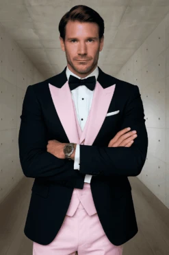 Men’s Black And Pink Wool Tuxedo – Designer Vested Tuxedo With Contrast Satin Peak Lapel For Wedding & Prom -Alberto Nardoni Shop ChatGPT Image Jun 30 2025 03 55 16 PM