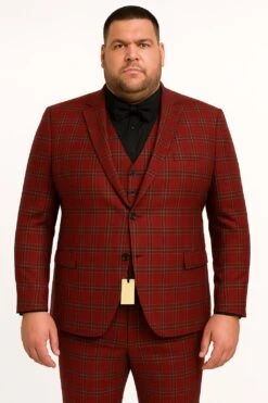 Mens Burgundy Plaid Three-Piece Suit – Ultra Slim Fit Checkered Windowpane Redish 544-10 -Alberto Nardoni Shop Checkered Windowpane Redish 544 10