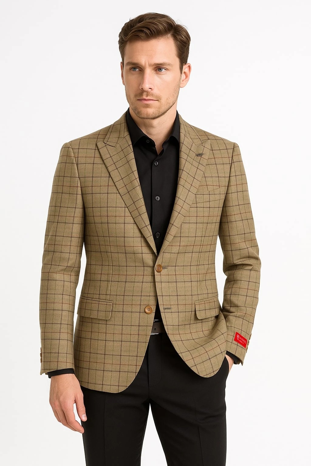 Men's Tan Plaid Blazer – Windowpane Checkered Taupe Colar With Conservative Burgunsih Pattern Mix Perfect For Business 2 Men's Tan Plaid Blazer – Windowpane Checkered Taupe Colar With Conservative Burgunsih Pattern Mix Perfect For Business - Image 2