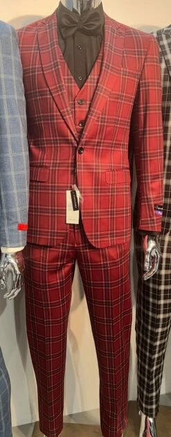 Mens Burgundy Plaid Three-Piece Suit – Ultra Slim Fit Checkered Windowpane Redish 544-10 -Alberto Nardoni Shop Checkered Windowpane Redish