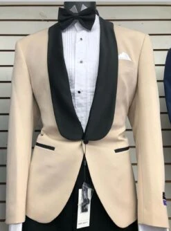 Mens Champagne Light Tan Tuxedo Jacket With Black Shawl Lapel – Classic One-Button Formal Dinner Jacket - Nude Color -Alberto Nardoni Shop Classic One Button Formal Dinner Jacket