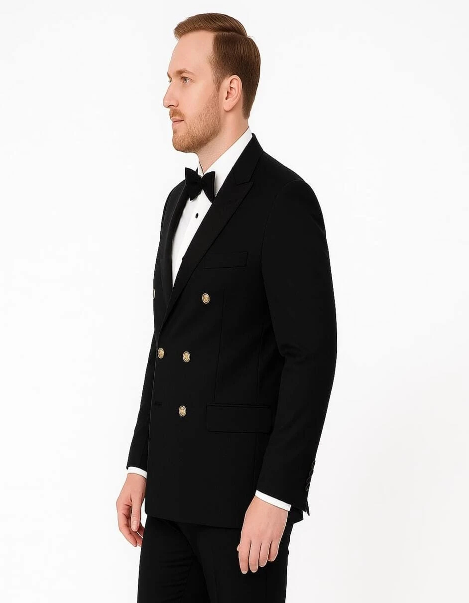 Men’s Black Double-Breasted Tuxedo – Classic Shawl Lapel Suit With Gold Buttons For Weddings, Galas, And Black Tie Events 2 Men’s Black Double-Breasted Tuxedo – Classic Shawl Lapel Suit With Gold Buttons For Weddings, Galas, And Black Tie Events - Image 2