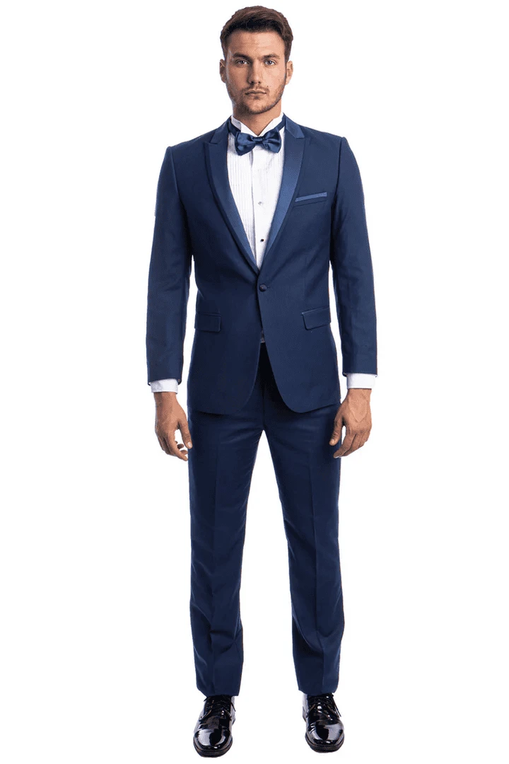 Men's Slim Fit One Button Satin Trim Peak Lapel Prom & Wedding Tuxedo In Cobalt Blue 2 Men's Slim Fit One Button Satin Trim Peak Lapel Prom & Wedding Tuxedo In Cobalt Blue - Image 2