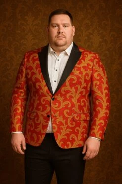 Men's Red And Gold Baroque Tuxedo Jacket With Black Satin Shawl Lapel -Alberto Nardoni Shop ColourfulBlackSatinShawlLapel
