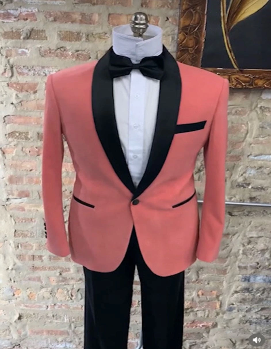 Men’s Coral Pink Tuxedo Jacket With Black Satin Shawl Lapel Velvet Fabric – Modern Slim Fit Formal Blazer 1 Men’s Coral Pink Tuxedo Jacket With Black Satin Shawl Lapel Velvet Fabric – Modern Slim Fit Formal Blazer