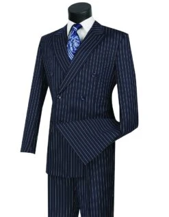 Mens Suits - Gangster Suit - Mobster Suit - Mafia Suit For Mens Double Breasted Gangster Pinstripe Suit In Navy Blue