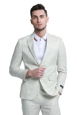 "Men's Summer Linen Beach Wedding Suit - Two Button Peak Lapel In Ivory"