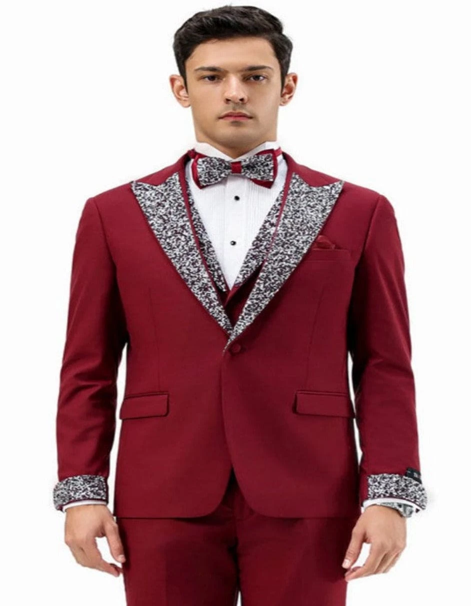 Dark Red - Maroon Wine Prom Tuxedo - Perfect Wedding Suit Vested Rhinestone Lapelled 1 Dark Red - Maroon Wine Prom Tuxedo - Perfect Wedding Suit Vested Rhinestone Lapelled