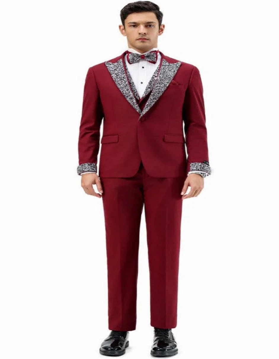 Dark Red - Maroon Wine Prom Tuxedo - Perfect Wedding Suit Vested Rhinestone Lapelled 3 Dark Red - Maroon Wine Prom Tuxedo - Perfect Wedding Suit Vested Rhinestone Lapelled - Image 3