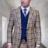 Statement Confidence Designer Suit - Camel Khaki Color Windowpane - Super 150's Wool Suit 1 Button Peak Lapel Double Breasted Vest Tan And Blue Mixture Color Perfect Fro Church -Alberto Nardoni Shop Designer Suit Camel Khaki