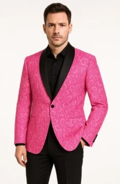 Men’s Hot Pink Tuxedo Suit With Black Pants Paisley Patter With Black Shawl Lapel - Fuchsia Color Prom Suit -Alberto Nardoni Shop DinnerJacketPerfectforProm 1
