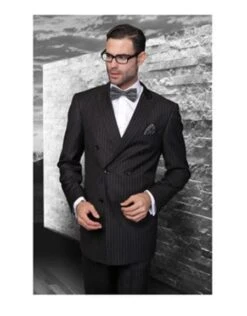 Double Breasted Pinstripe Suit - Statement Confidence Black Double Breasted Pinstripe Men's Wool Italian Design Suit