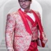 Men's One Button Paisley Wedding Tuxedo With Double Breasted Vest In Coral