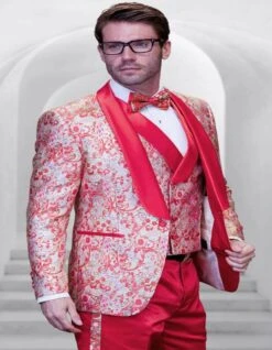 Men's One Button Paisley Wedding Tuxedo With Double Breasted Vest In Coral
