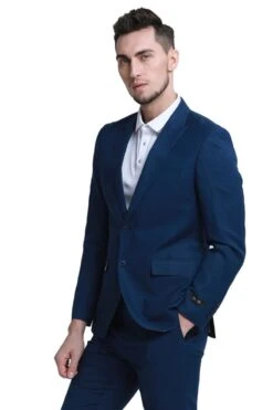 "Navy Men's Summer Linen Wedding Suit With Two Button Peak Lapel"