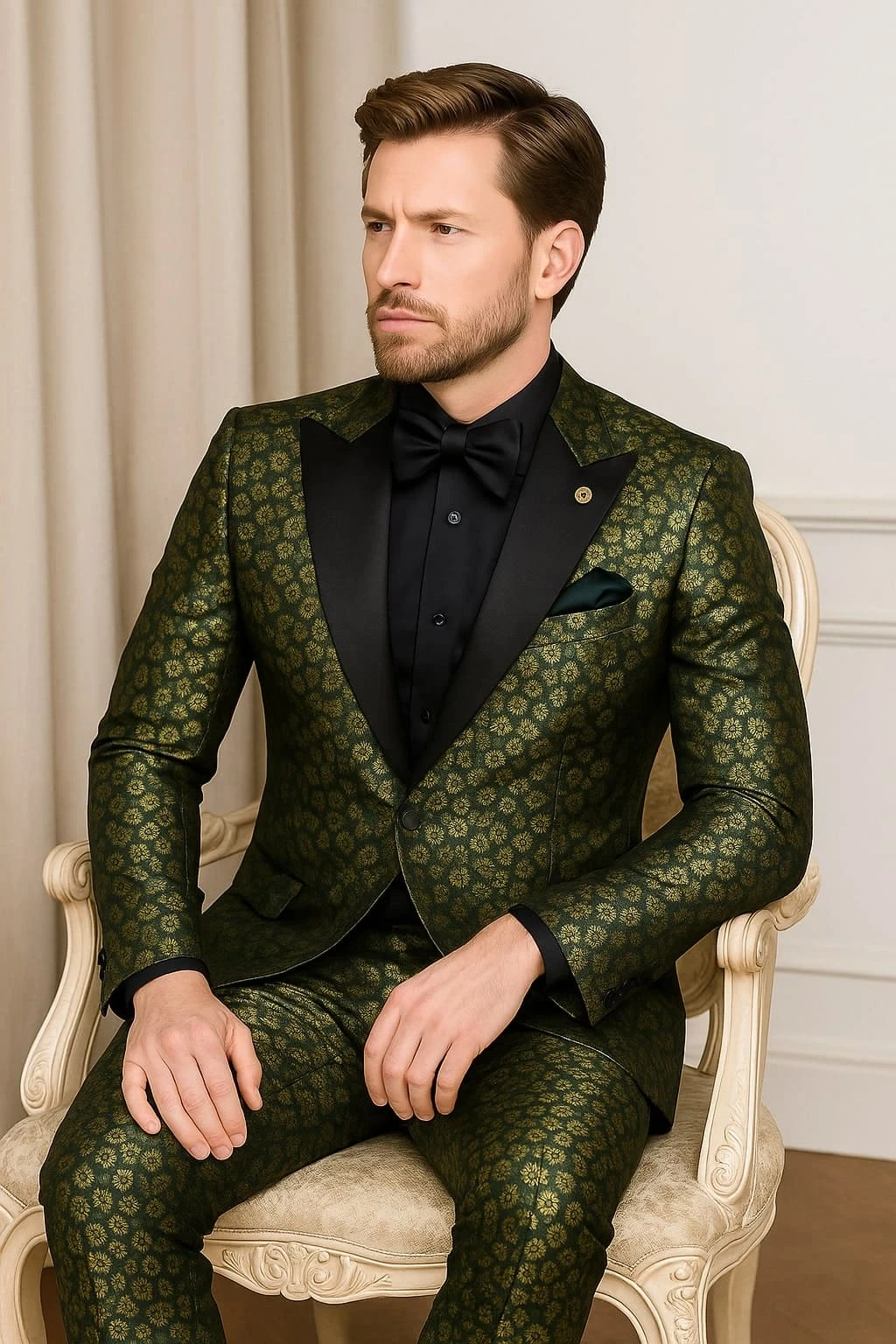 Emerald Green And Gold Floral Tuxedo Suit For Men Perfect Prom Or Wedding Suit 2 Emerald Green And Gold Floral Tuxedo Suit For Men Perfect Prom Or Wedding Suit - Image 2
