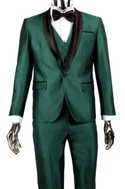 Mens 1 Button Shawl Lapel Vested Wedding | Prom Tuxedo In Emerald Green Sharkskin
