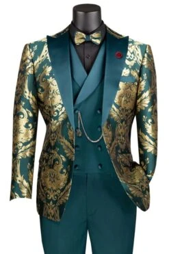 Dark Green Tuxedo - Men's Shiny Paisley Jacquard Vested Wedding Emerald Green Prom Tuxedo -Alberto Nardoni Shop Emerald Tuxedo1
