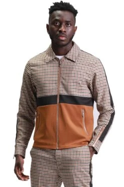 Houndstooth Men's Casual Walking Suit Jacket & Pant Set In Coffee Brown