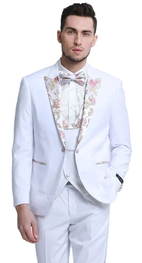 Mens One Button Vested Prom And Wedding Tuxedo In White With Floral Peak Lapel 1 Mens One Button Vested Prom And Wedding Tuxedo In White With Floral Peak Lapel