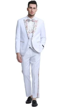 Mens One Button Vested Prom And Wedding Tuxedo In White With Floral Peak Lapel 3 Mens One Button Vested Prom And Wedding Tuxedo In White With Floral Peak Lapel -Alberto Nardoni Shop Floral Pocket Trim White