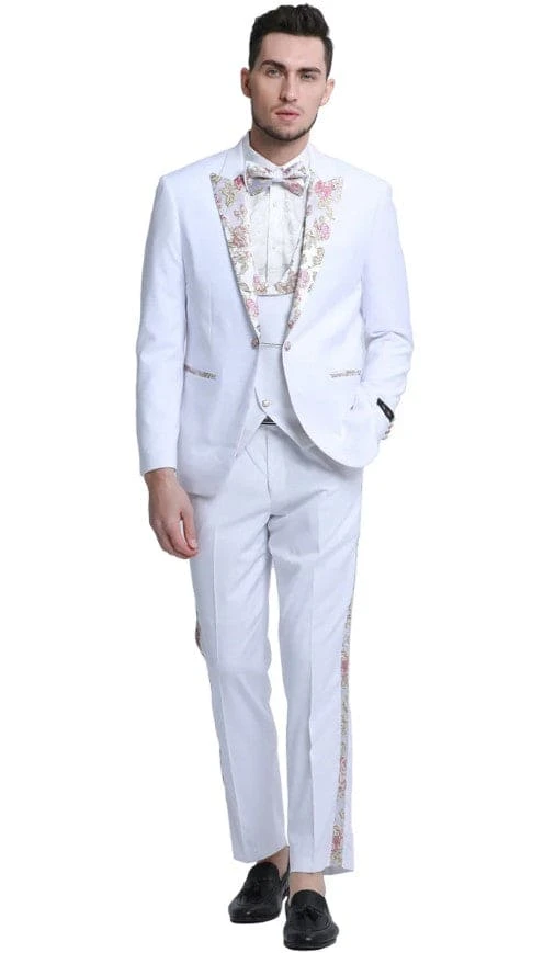 Mens One Button Vested Prom And Wedding Tuxedo In White With Floral Peak Lapel 2 Mens One Button Vested Prom And Wedding Tuxedo In White With Floral Peak Lapel - Image 2