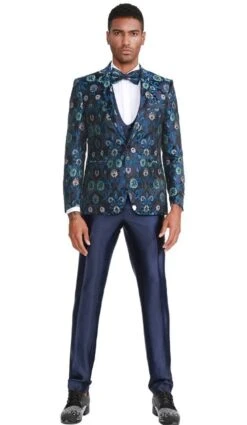 Mens One Button Vested Floral Print Prom And Wedding Tuxedo Navy Blue Satin Vest And Pants -Alberto Nardoni Shop Floral Print Prom Navy