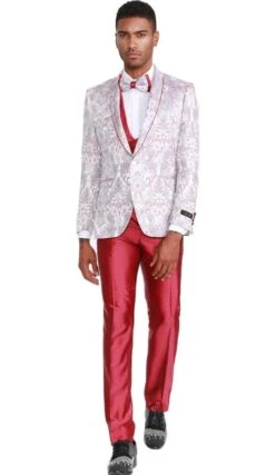 Mens One Button Vested Floral Print Prom And Wedding Tuxedo Pink Satin Vest And Pants -Alberto Nardoni Shop Floral Print Prom Pink