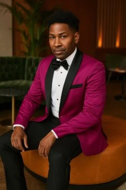 Mens Fuchsia Pink Satin Tuxedo Jacket With Black Peak Lapel – Bold Slim Fit Formal Suit -Alberto Nardoni Shop Fuchsia Pink Satin Tuxedo