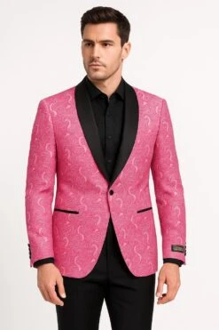 Men’s Hot Pink Paisley Tuxedo Blazer With Black Shawl Lapel Fuchsia Color Dinner Jacket Perfect For Prom -Alberto Nardoni Shop FuchsiaColorDinnerJacketPerfectforProm