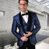 Mens Vested One Button Geometric Print Prom Tuxedo In Royal Blue