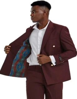Men's Skinny Fit Slim Fit Double Breasted Wedding Suit With Gold Buttons In Burgundy