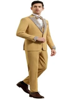 Gold Mustard Prom Tuxedo - Perfect Wedding Suit Vested Rhinestone Lapelled -Alberto Nardoni Shop Gold Mustard Prom Tuxedos