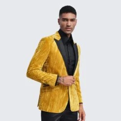 Gold Suit For Prom - Gold Blazer + Matching Pants + Gold Tuxedo Jacket With Fancy Velvet Feel Pattern Slim Fit - Wedding - Prom
