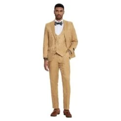 Floral Mens 3PC Suit W/ Double Breasted Vest By Tazzio, Golden -Alberto Nardoni Shop Golden2