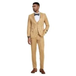 Floral Mens 3PC Suit W/ Double Breasted Vest By Tazzio, Golden -Alberto Nardoni Shop Golden21