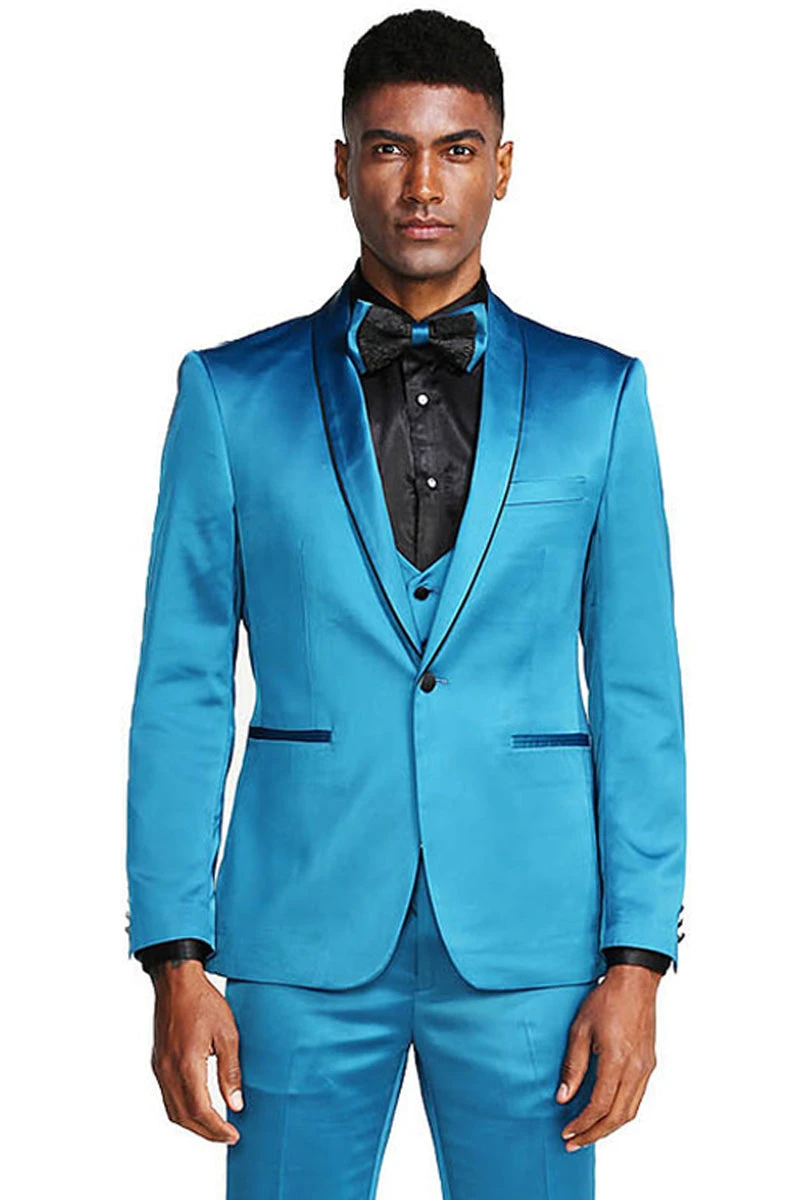 Turquoise Men's Slim Fit Vested Satin Tuxedo Suit For Prom 2025 & Wedding 1 Turquoise Men's Slim Fit Vested Satin Tuxedo Suit For Prom 2025 & Wedding