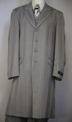 Mens Pimp Coat + Pimp Jacket Vest And Pants - Gangster Stripe Gray Fabric Suit