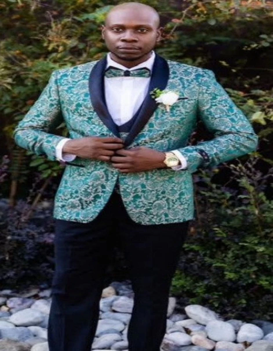 Emerald Green And Gold Paisley Tuxedo Suit - Vested Wedding And Prom For Men 1 Emerald Green And Gold Paisley Tuxedo Suit - Vested Wedding And Prom For Men