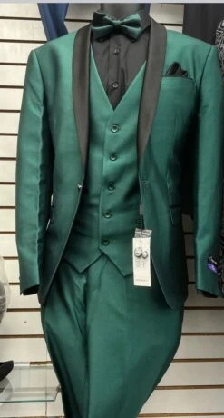 Mens Emerald Green Tuxedo With Black Satin Shawl Lapel – 3 Piece Formal Suit With Vest -Alberto Nardoni Shop Green Tuxedo with Black